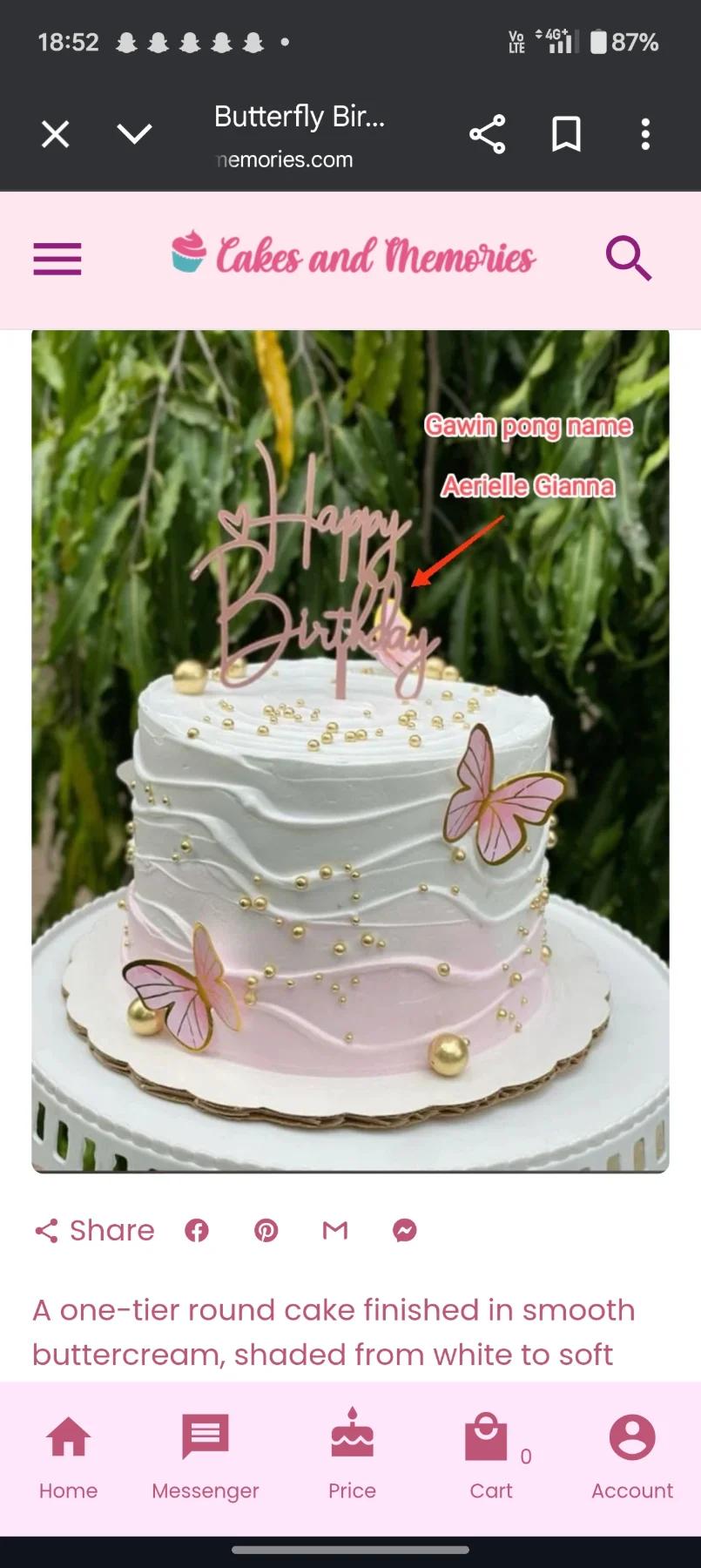 Birthday, Pink butterflies 1 Tier - pink, white, light theme with Happy Birthday Aerielle Gianna topper and pink butterflies