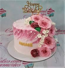 Birthday pink floral 1 Tier - gold, pink, rose theme with Happy Birthday gold topper and white pearls
