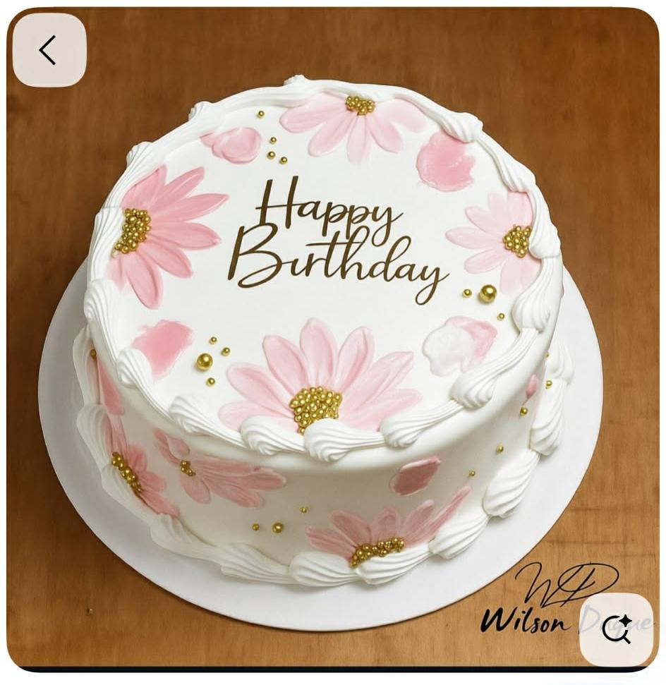 Birthday, pink gold floral 1 Tier - white, pink, gold theme with white piped swirls and borders