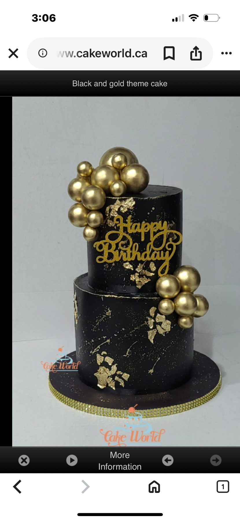 Black and Gold 2 Tier - gold theme with Gold Happy Birthday topper and Gold decorative spheres