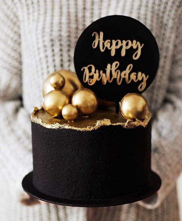 black gold birthday 1 Tier - red, black, gold theme with Happy Birthday circular topper and gold spheres