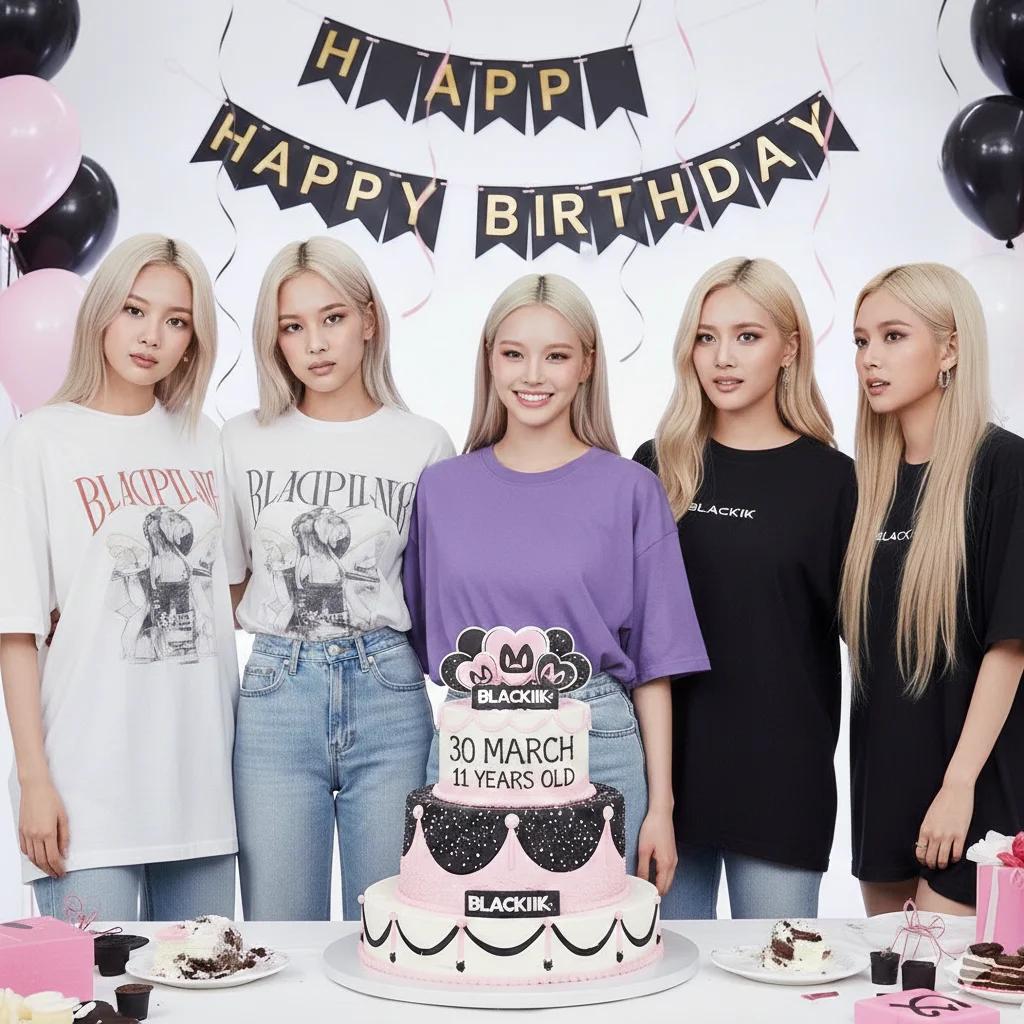 Black and pink 3-tier K-pop themed birthday cake with starry black tier, pink base, and custom character printouts.