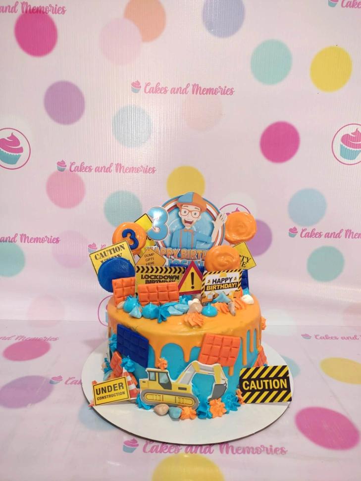 Blippi construction 1 Tier - orange, blue theme with Blippi character and construction signs