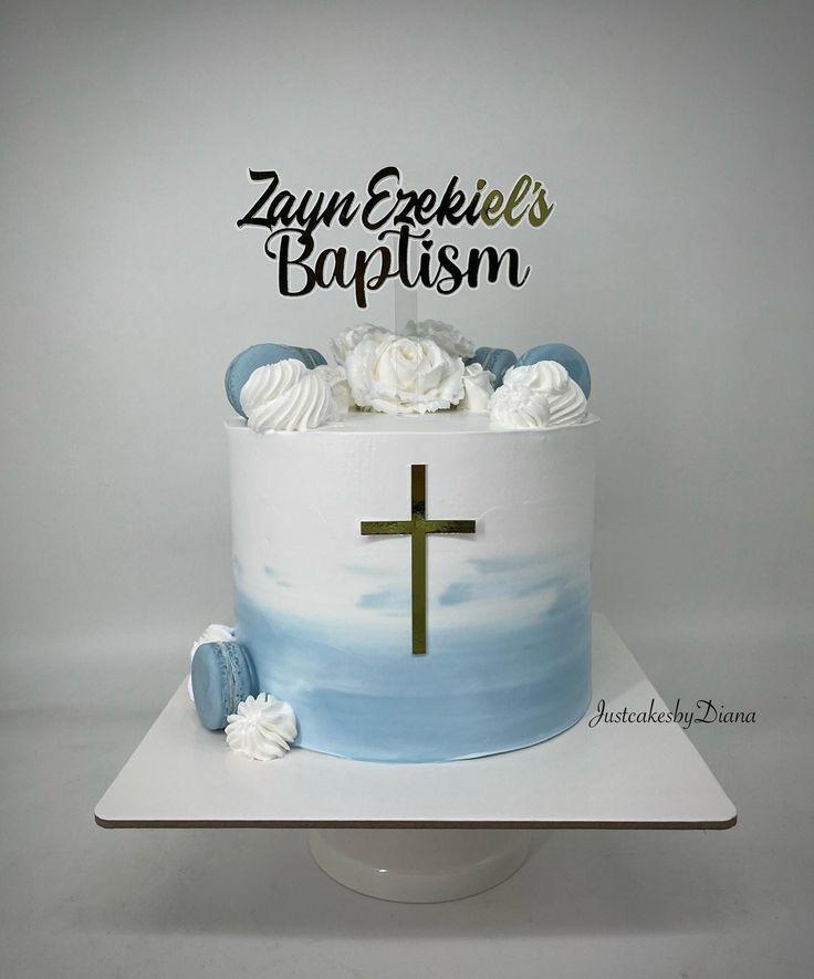 Blue Baptism 1 Tier - gold, white, blue theme with Zayn Ezekiel's Baptism topper and white meringue swirls