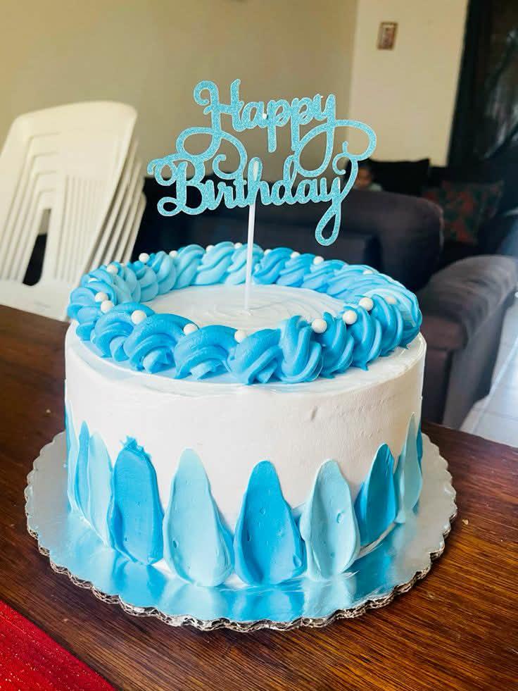 Blue Birthday 1 Tier - blue, light, white theme with Happy Birthday glitter topper and white pearl dragees