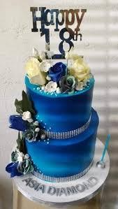 Blue Floral 18th 2 Tier Fondant - blue, white, yellow theme with Happy 18th topper and medium blue edible flowers