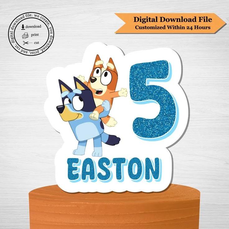 Bluey and Bingo themed birthday cake topper for Easton's 5th birthday featuring a blue glitter number five.