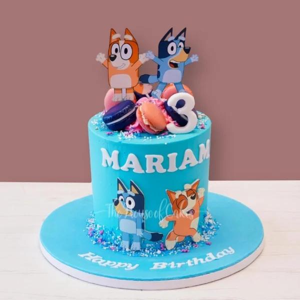 Bluey and Bingo themed light blue birthday cake with macarons and character printouts for Mariam's 3rd birthday.