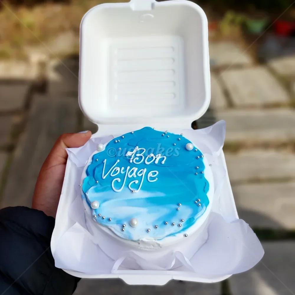 Blue and white minimalist bento cake with 'Bon Voyage' message and silver pearl sprinkles in a white container.