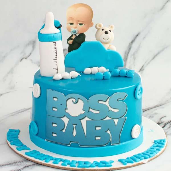 Boss Baby 1 Tier Fondant - blue, white theme with Boss Baby character and Boss Baby logo