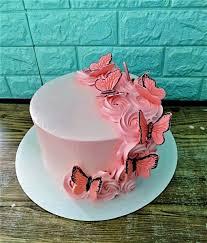 Cake 1 Tier - rose theme with butterflies and icing swirls and rosettes