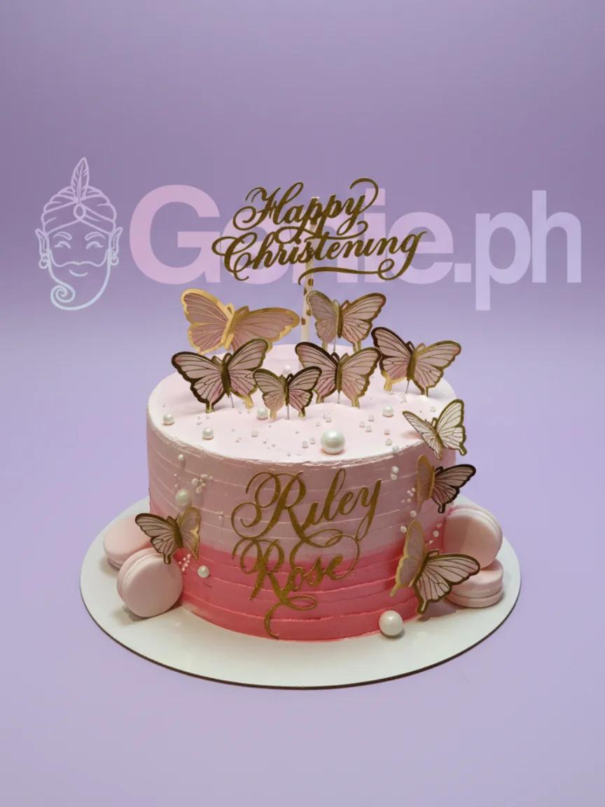 Butterfly Christening 1 Tier - white, pink theme with Happy Christening topper and white pearls