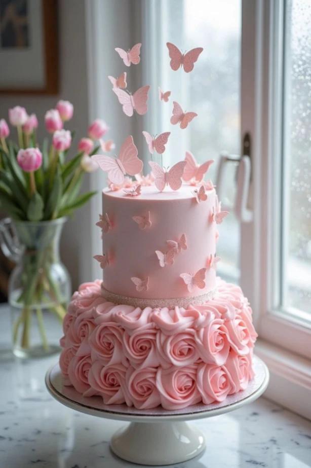 Two-tier pink cake with a bottom tier of piped icing rosettes and a smooth top tier decorated with pink butterfly toppers.