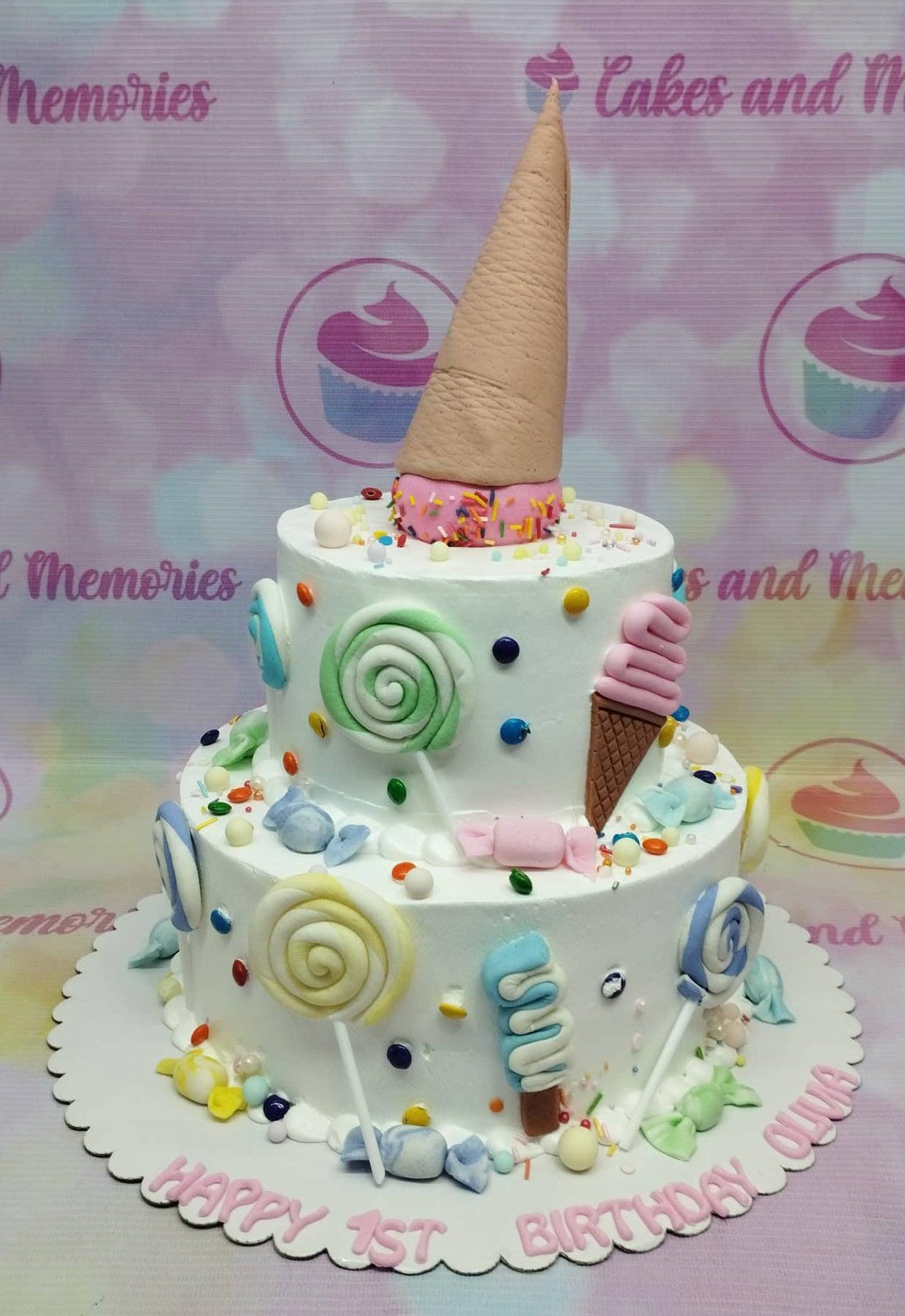 Two-tier white soft-icing candy-themed cake with a large pink ice cream cone topper, colorful lollipops, and candy decorations.