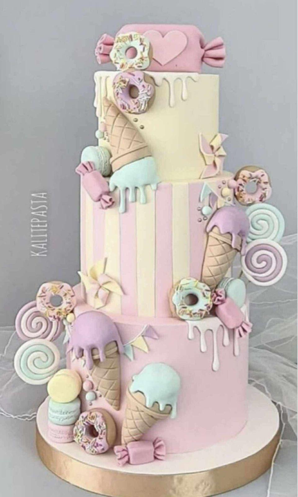 candy sweets 3 Tier Fondant - pink, cream theme with pink candy with heart and mini donut