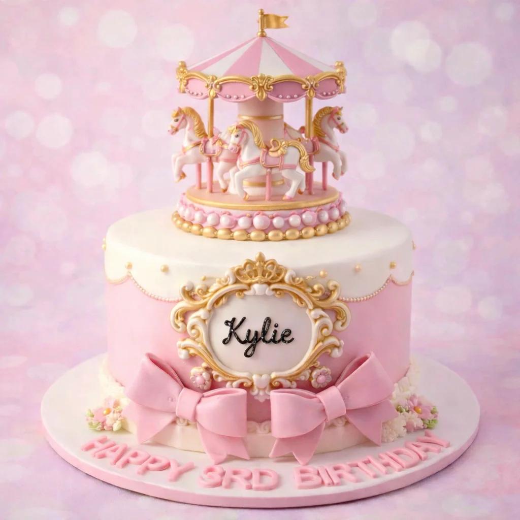 Carousel 1 Tier Fondant - gold, pink, white theme with Carousel with horses and gold accents and Gold ornate frame