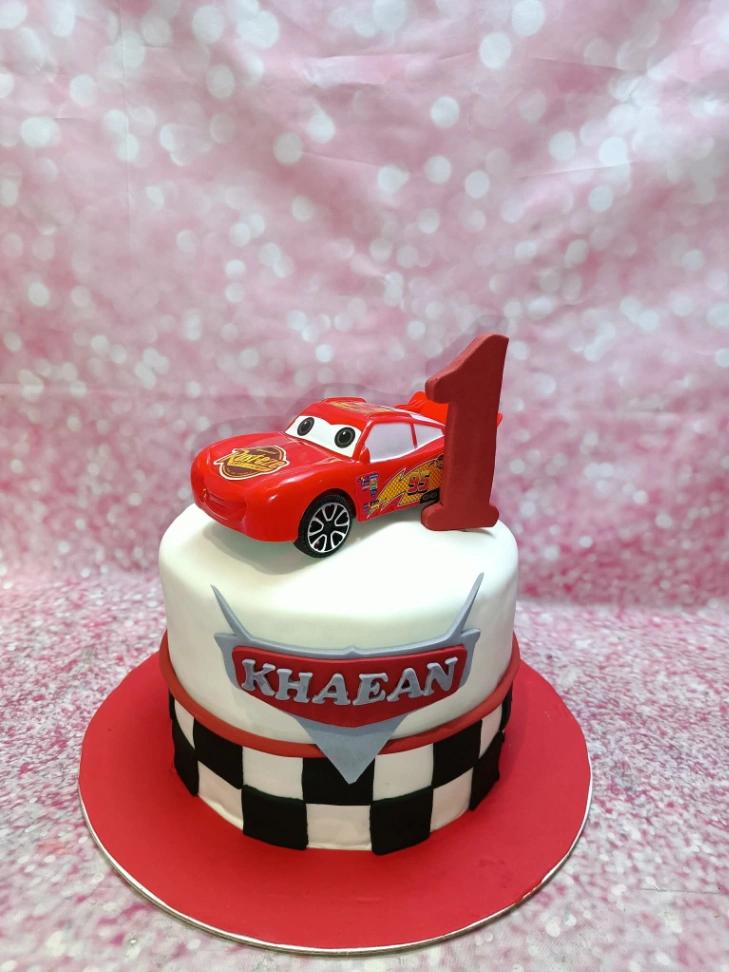 Cars Lightning McQueen 1 Tier Fondant - white, light, red theme with Lightning McQueen car and black and white checkered p...