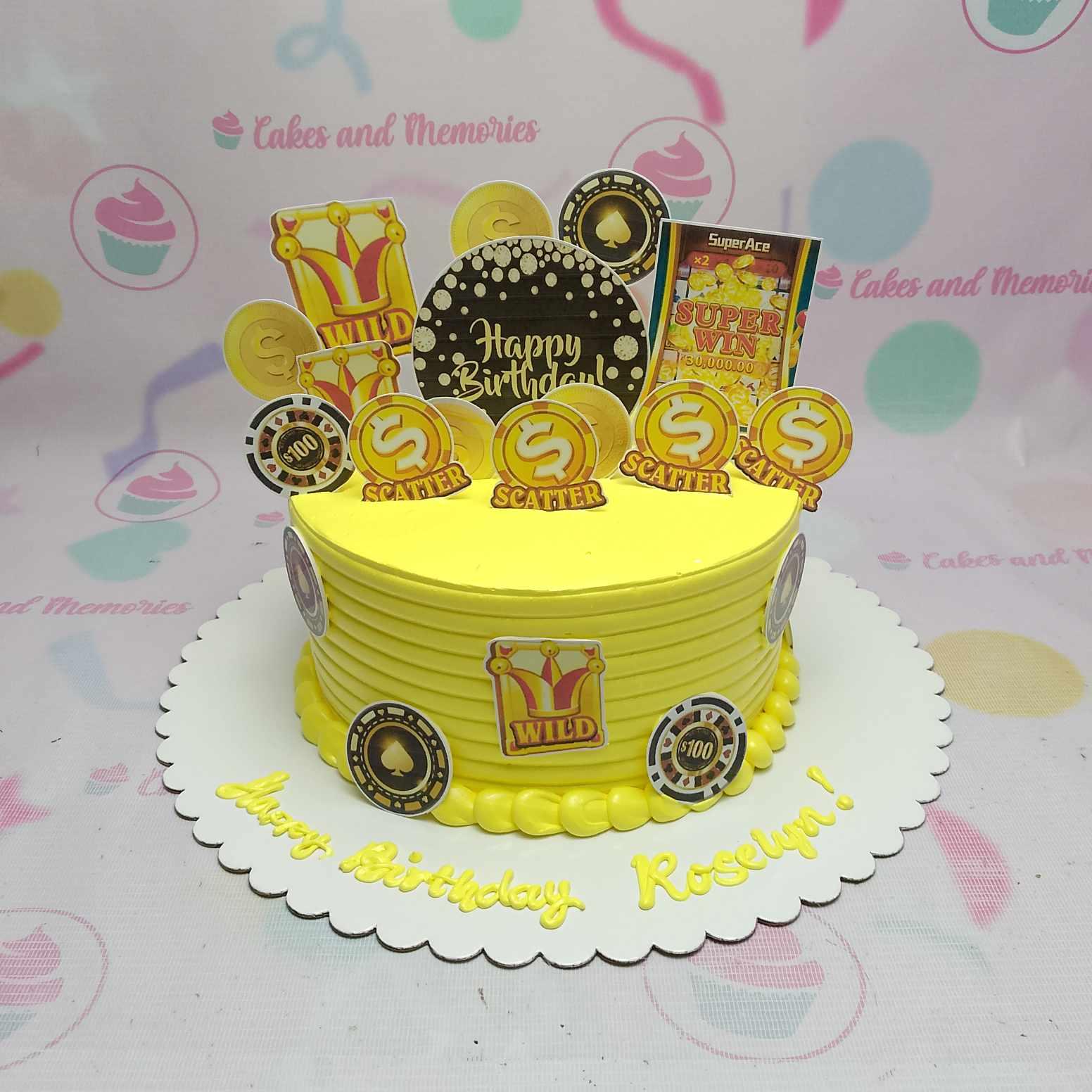 Yellow casino themed birthday cake with slot machine scatter symbols, poker chips, and gold coins for Roselyn.