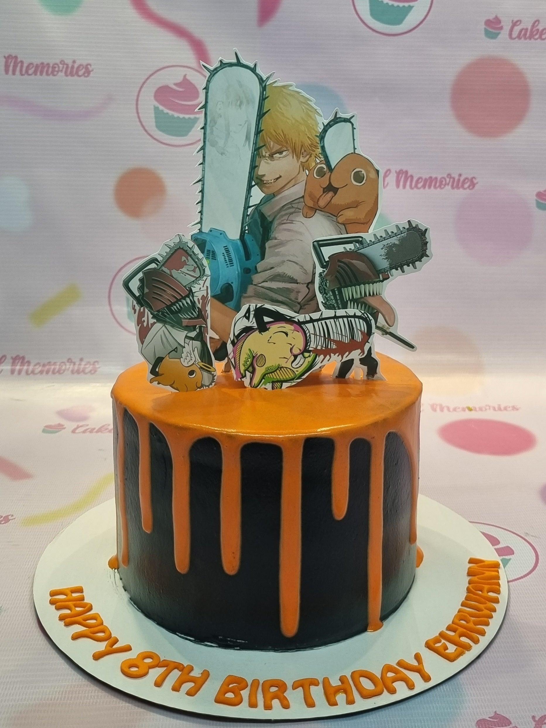 Black 1-tier Chainsaw Man anime birthday cake with orange drip and character printouts.