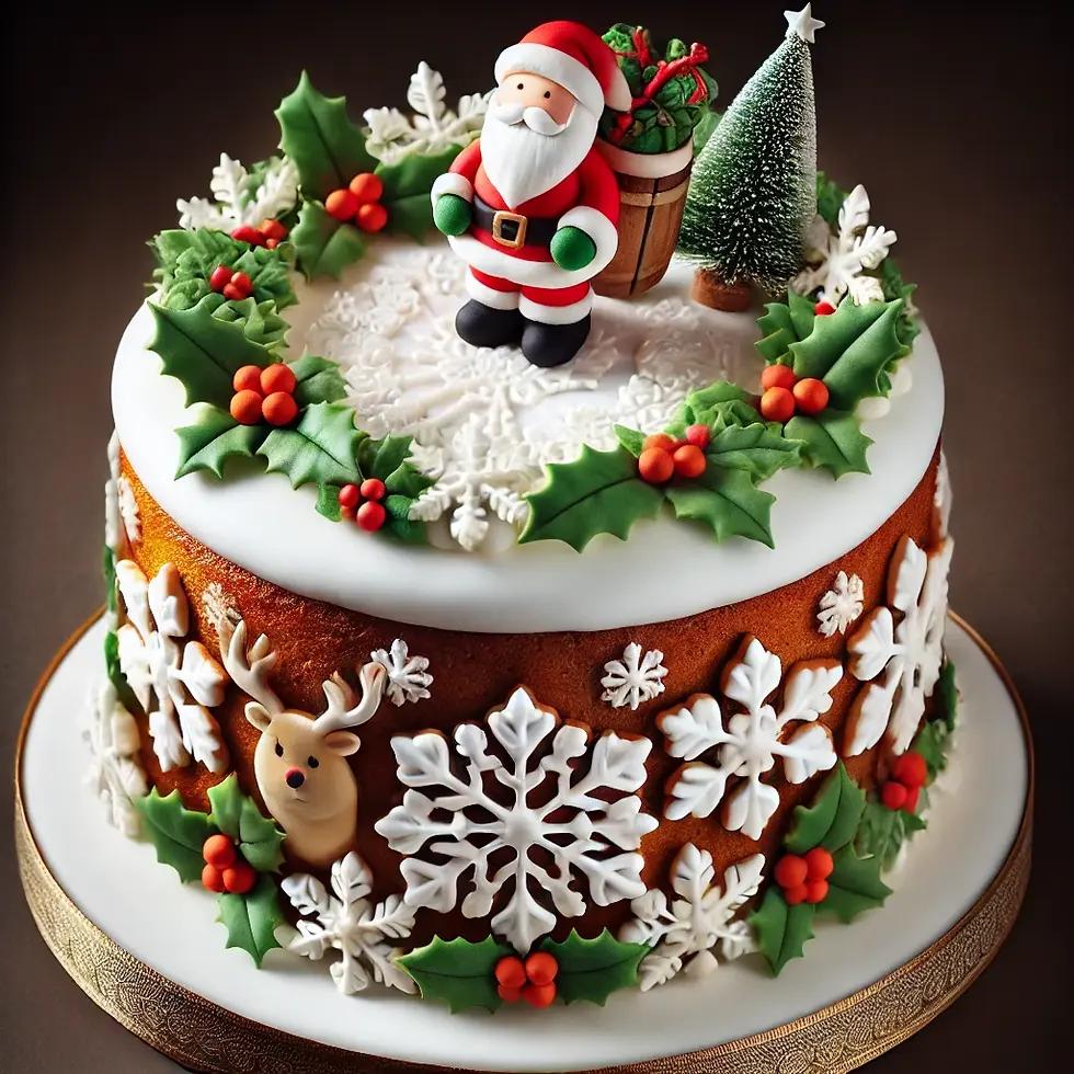 Christmas 1 Tier Fondant - white, brown, red theme with Santa Claus figurine and holly leaves