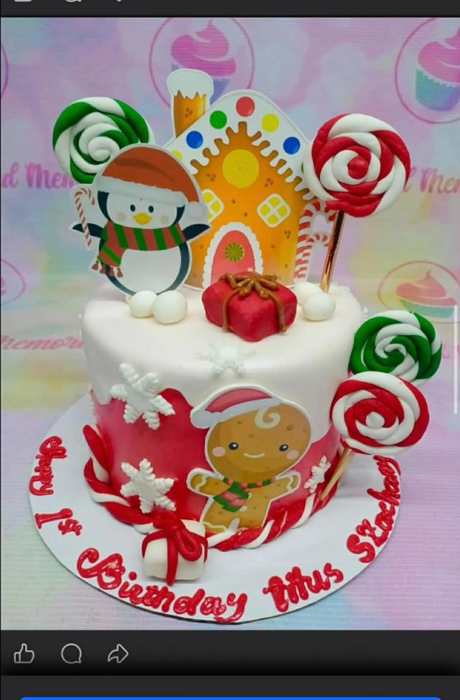 Christmas Gingerbread 1 Tier - white, red, green theme with Gingerbread house and Gingerbread man on the side of the cake
