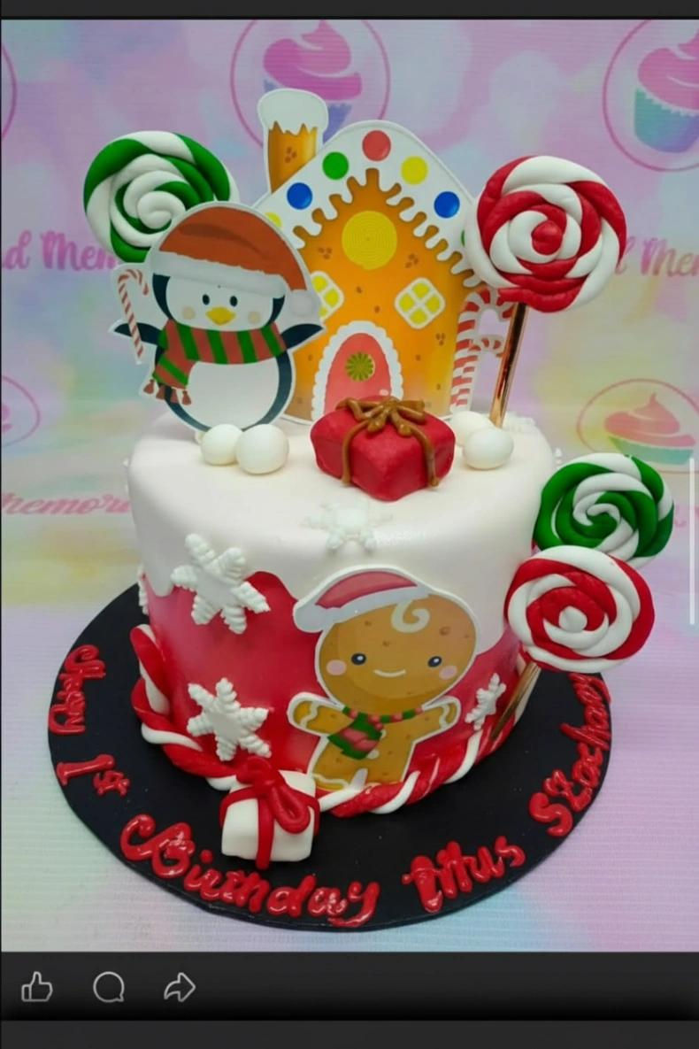 Christmas Penguin 1 Tier Fondant - red, white, green theme with penguin with santa hat and red and green swirl lollipops