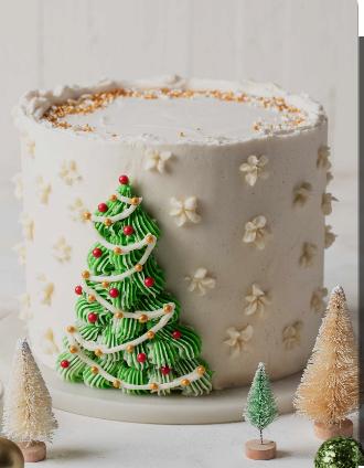 Christmas tree 1 Tier - white, gold, red theme with Christmas tree with red balls and gold beads and small piped flowers