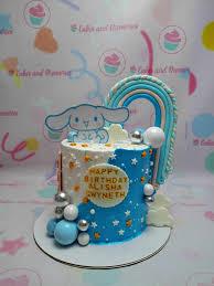 Cinnamoroll birthday 1 Tier - blue, white, silver theme with printout of Cinnamoroll character and small white edible stars
