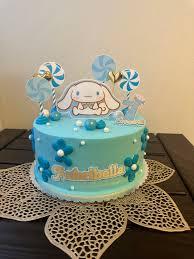 Cinnamoroll blue 1 Tier - blue, white theme with printout of Cinnamoroll character and blue and white swirl lollipop