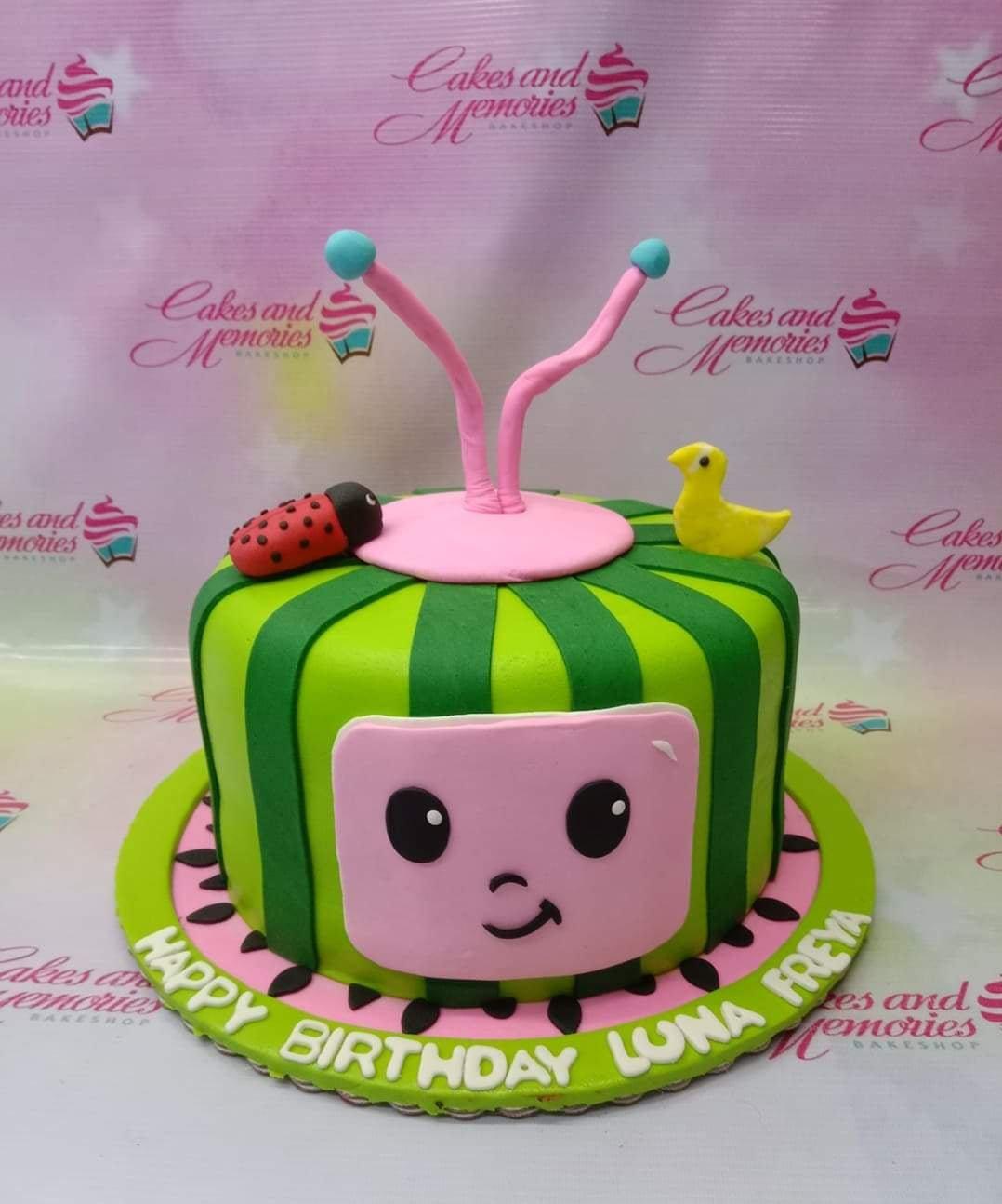 Cocomelon themed watermelon cake with green stripes, pink face, ladybug, and yellow duck toppers.