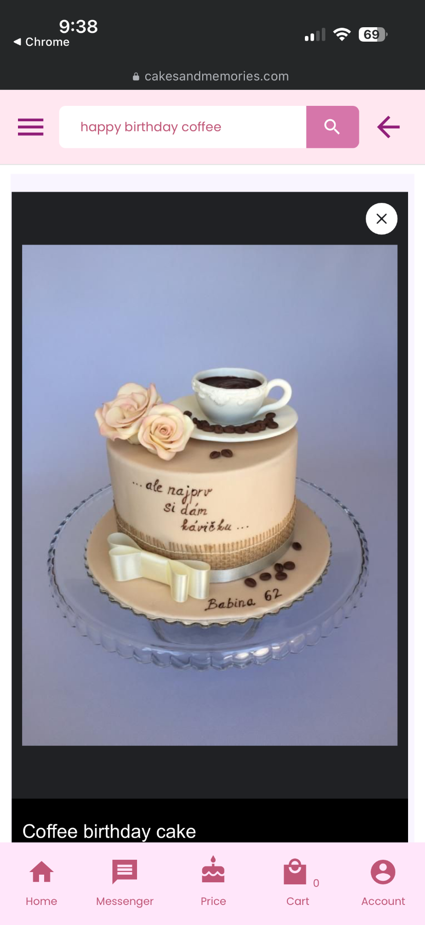 Tan fondant coffee themed birthday cake with a 3D coffee cup topper, roses, and coffee beans.