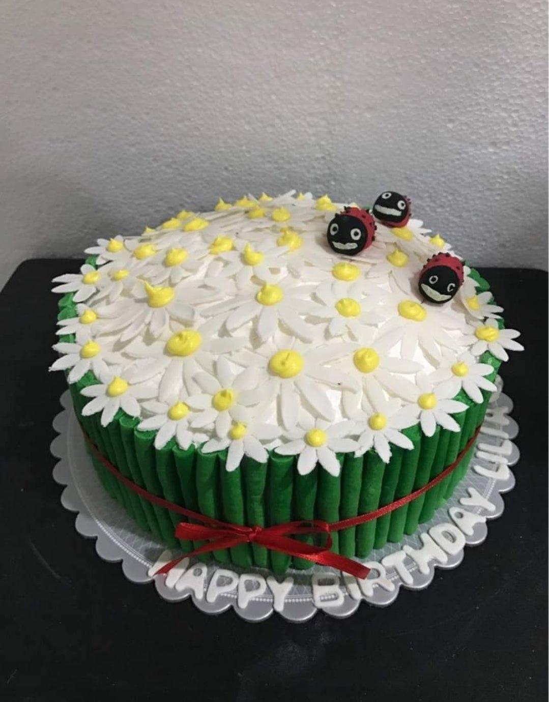 White round cake covered in white gumpaste daisies with yellow centers, green icing stick border, and three ladybug toppers.