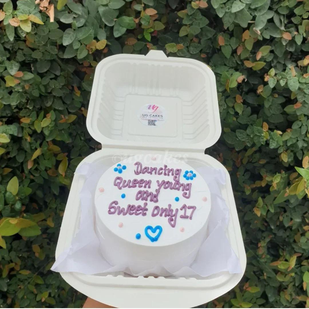 White bento cake with purple piped message 'Dancing Queen young and sweet only 17' and blue icing heart and flowers.