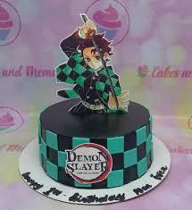 Demon Slayer 1 Tier Fondant - red, green, black theme with Demon Slayer Tanjiro character and black and green checkered pa...