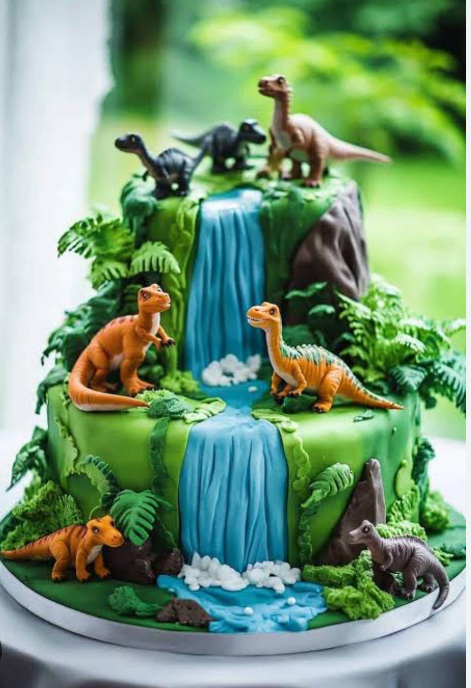 A multicolor 2-Tier cake featuring toy dinosaurs, a blue waterfall panel, green leaves, brown rocks, and white water foam bubbles.
