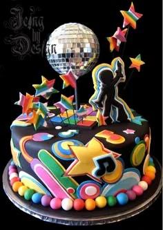 Black fondant disco themed cake with a silver disco ball topper, colorful stars, music notes, and a dancing silhouette.
