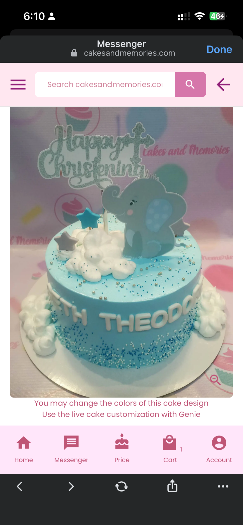 Light blue christening cake with a large elephant printout, white icing clouds, and silver sprinkles.