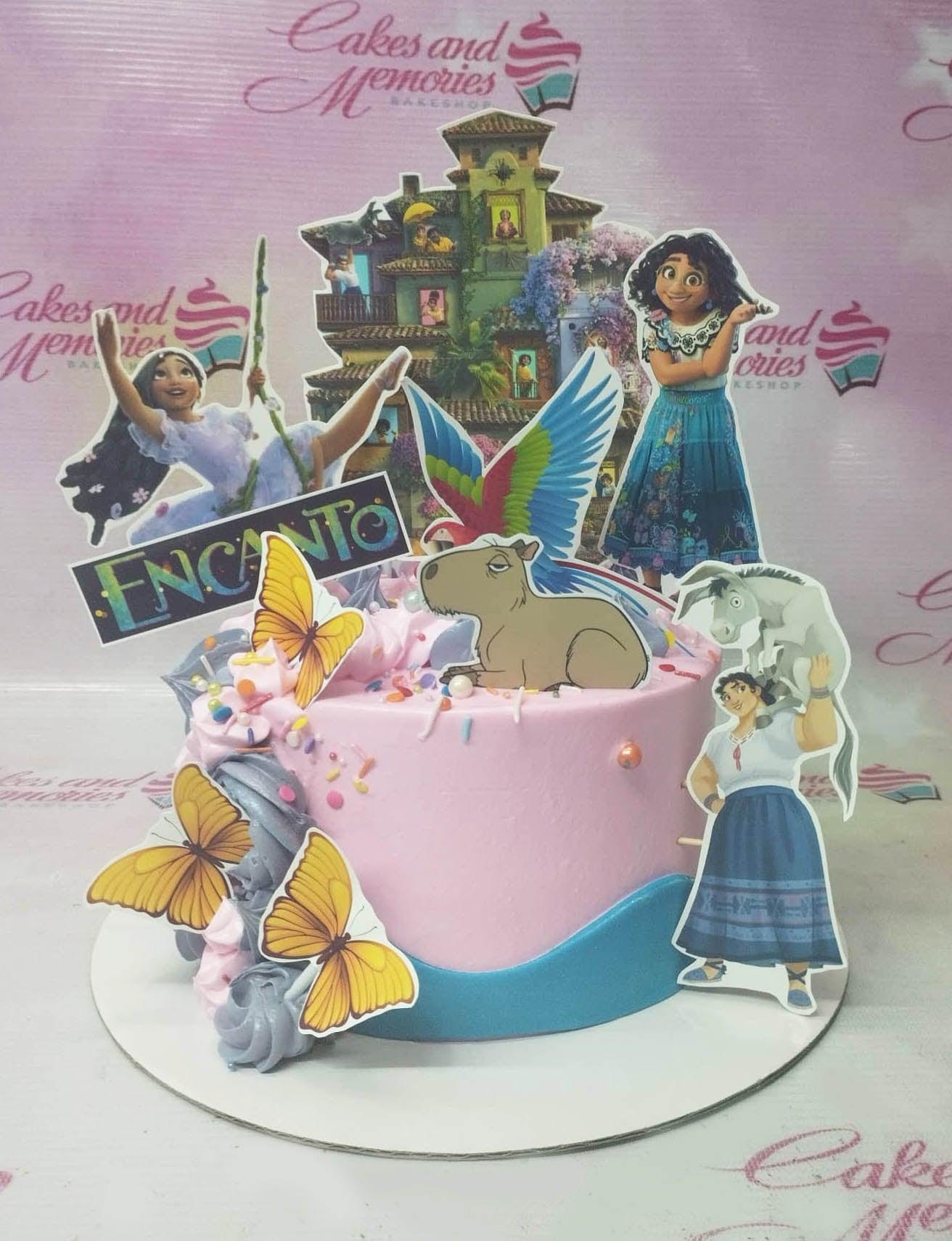 Pink Encanto themed birthday cake with Mirabel, Isabela, and Luisa character printouts, butterflies, and colorful sprinkles.