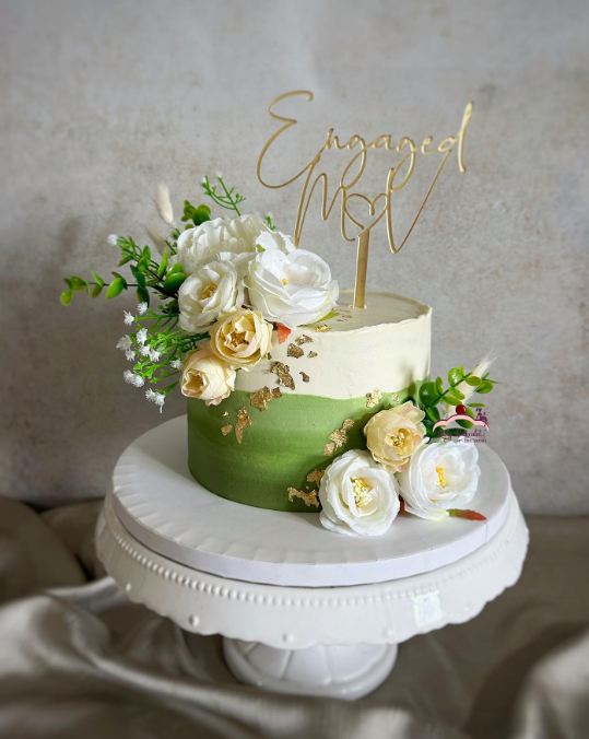 Engaged Floral 1 Tier - white, rose, yellow theme with Engaged topper and White roses