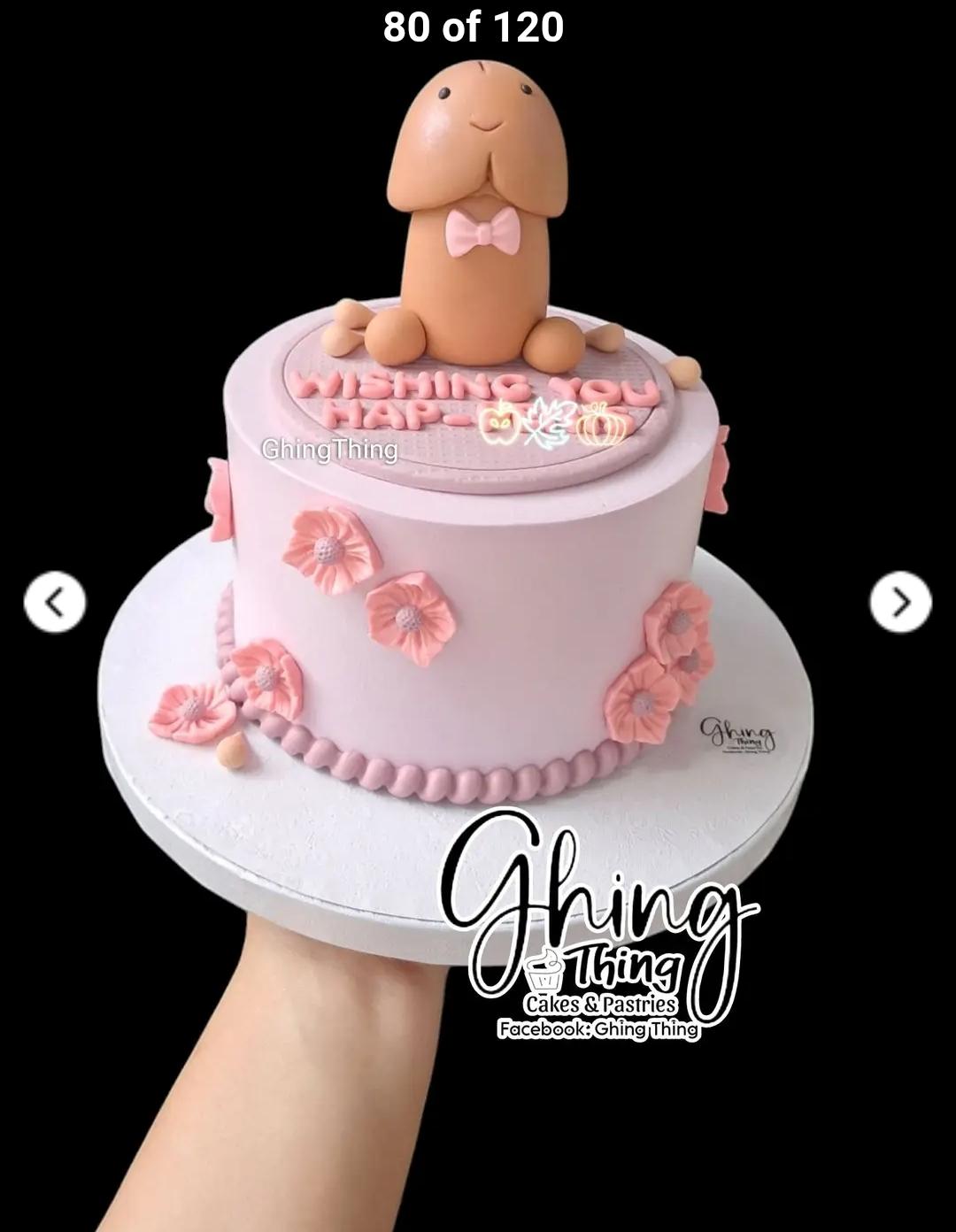 Cake 1 Tier - pink theme with penis figure with bow tie and pink flowers