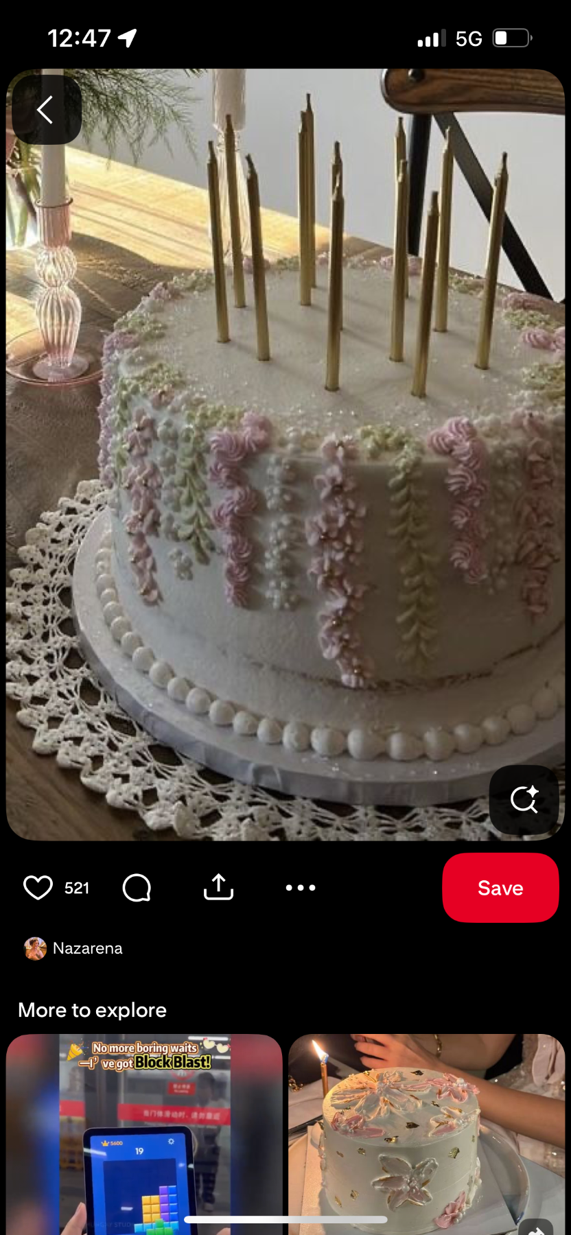 Floral Piped 1 Tier - gold, green, pink theme with gold candles and pink and green piped floral vines