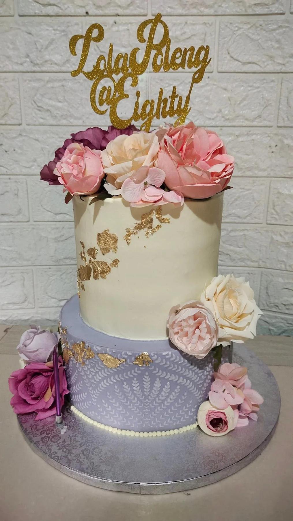 floral senior 2 Tier - ivory, lavender, gold theme with Lola Poleng at Eighty and gold leaf accents