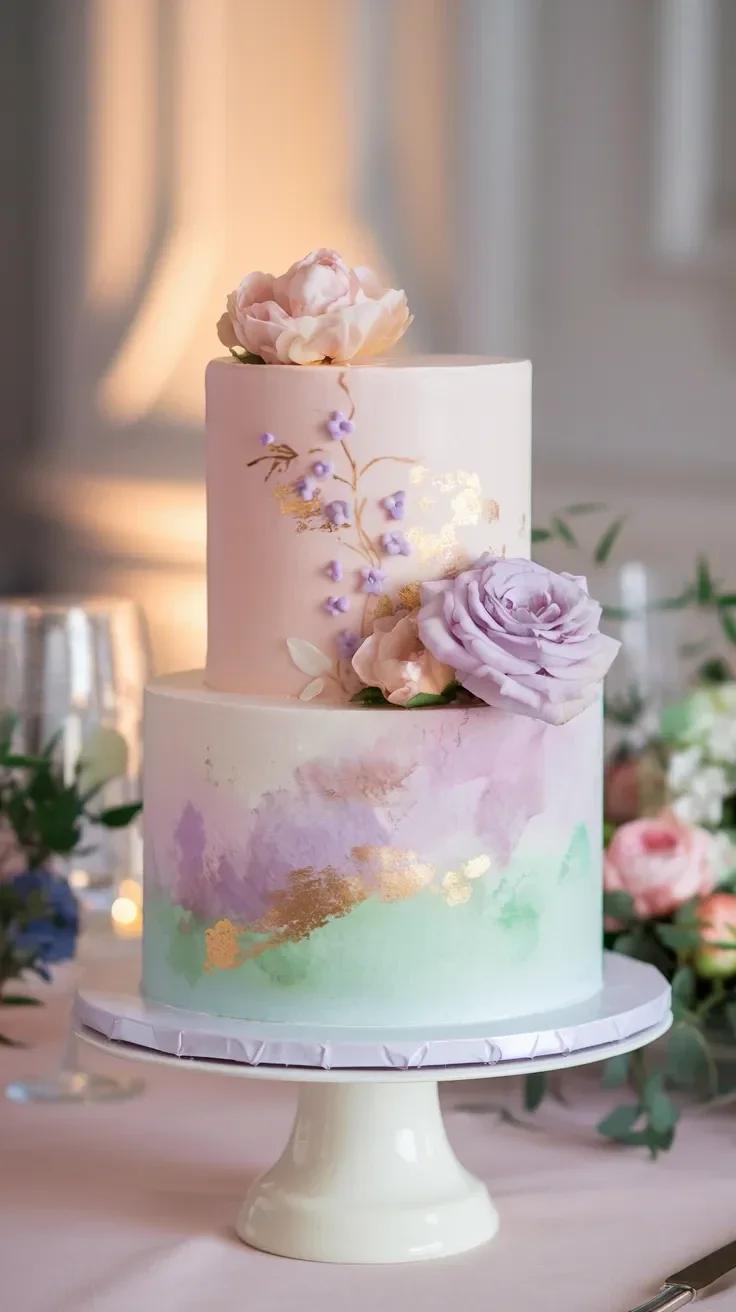 Floral Watercolor 2 Tier - pink, light, purple theme with large light pink edible flower and gold foil flakes