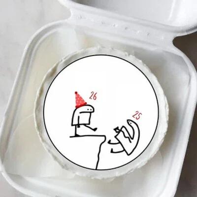 White bento cake featuring a humorous Flork meme illustration of one character kicking another off a cliff with ages 26 and 25.