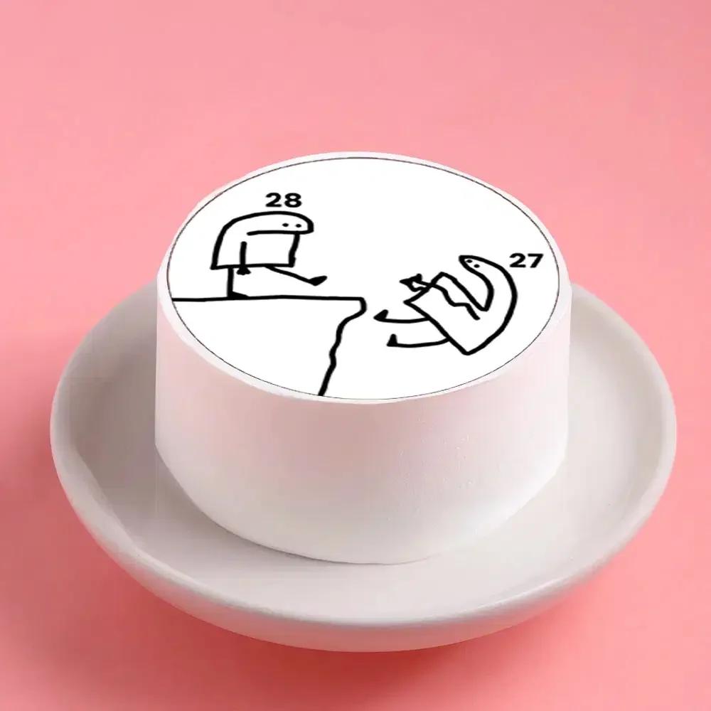 White bento cake featuring a humorous Flork meme illustration of one character kicking another off a cliff with ages 28 and 27.