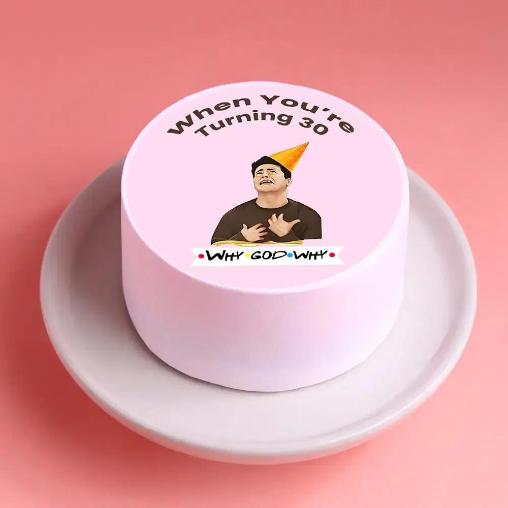 Light pink bento cake with a funny Friends-themed Joey Tribbiani printout and 'When You're Turning 30' message.