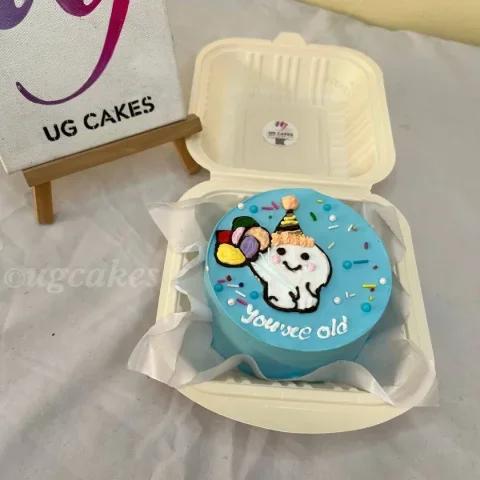 Light blue bento cake with a hand-piped white character wearing a party hat and holding balloons, featuring the message 'You're old'.