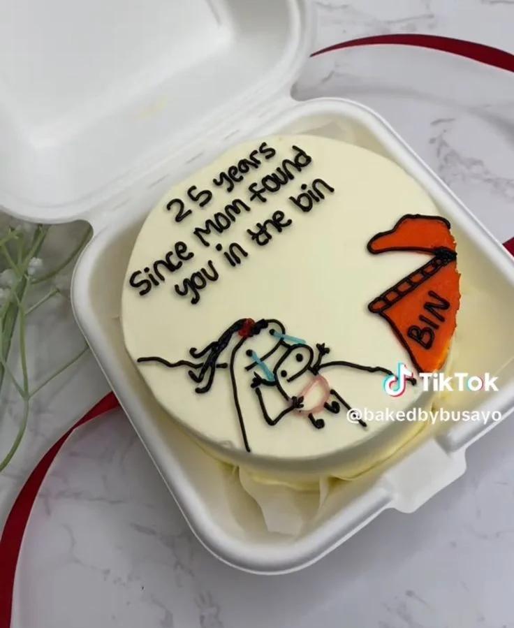White bento cake with a humorous stick figure drawing of a mom finding a baby in an orange bin and a funny 25th birthday message.