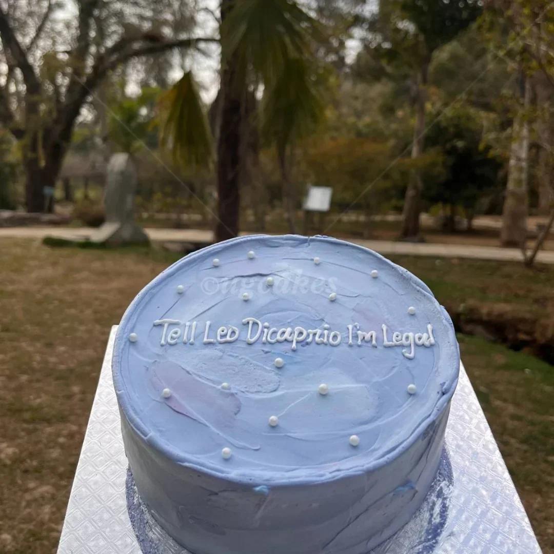 Light blue bento cake with purple palette knife strokes, white pearls, and a humorous message 'Tell Leo Dicaprio I'm Legal' in white icing.