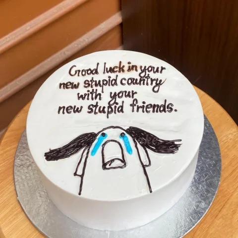White bento cake with a hand-drawn crying character and a funny farewell message in dark brown icing.